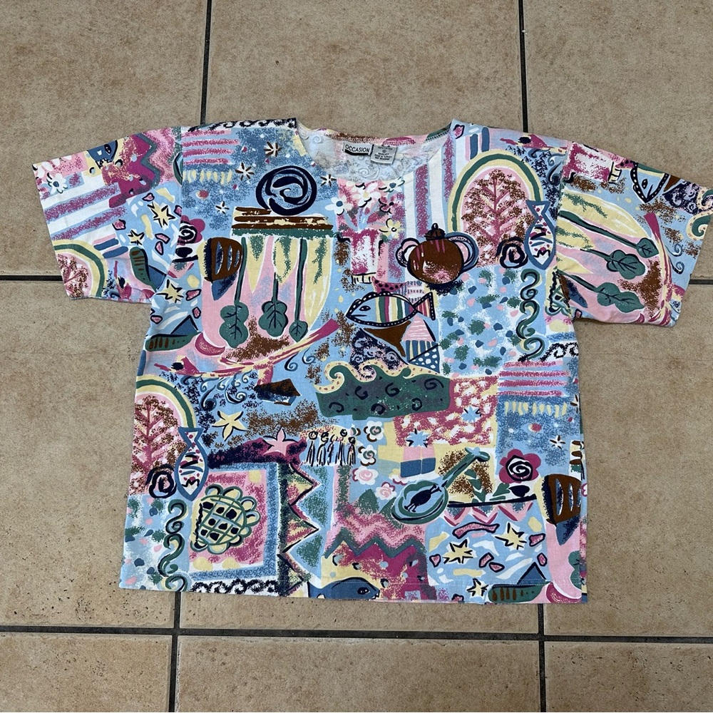 Vintage Multicolor Abstract “Art to Wear” Short Sleeve Tee - Blue, Pink, Cream